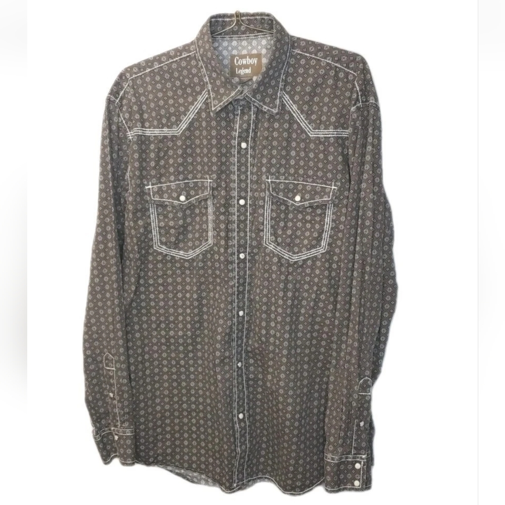 Cowboy Legend Pearl Snap Shirt Men XL Tall Brown Geo Floral Print Western Biker